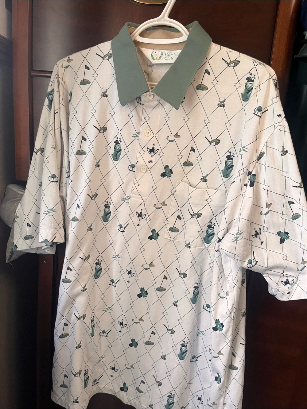 PGA Tour White Polo with Green Collar and Golf Motif